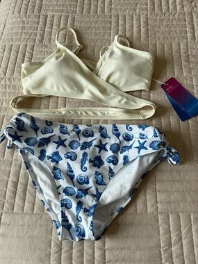 Cream Bikini Top with Blue Seashell Print Bottoms